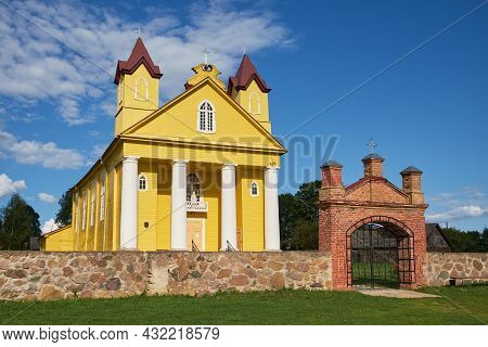 Old Ancient Wooden Catholic Trinity Church In Daniushevo, Grodno Region, Belarus.
