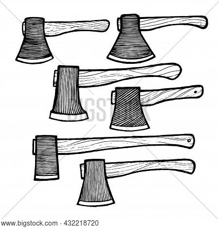 Axes With A Wooden Handle, Vector Illustration. Vintage Graphics And Handwork. Tools Collection.