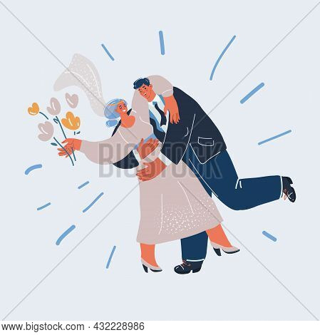 Vector Illustration Of Wedding Happy Couple Dance And Hug Each Ohter