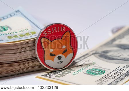 Shiba Coin Included With Cryptocurrency Coin On Stack 100 Hundred New Us Dollar Money American Virtu