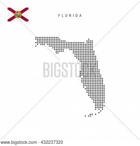 Square Dots Pattern Map Of Florida. Dotted Pixel Map With Flag Isolated On White Background. Vector 