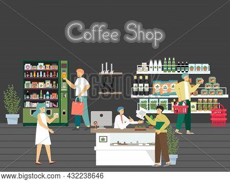 People In Hemp Shop, Cbd Store, Cannabis Dispensary, Flat Vector Illustration. Weed Joint Smoking Ac