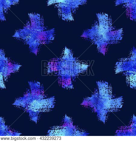 Watercolor Brush Cross Seamless Pattern Grange Geometric Design In Blue Color. Modern Grung Collage 