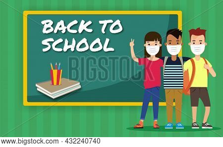 Social Distancing At School After Pandemic. Back To School Concept After Epidemic. Kids Wearing Face