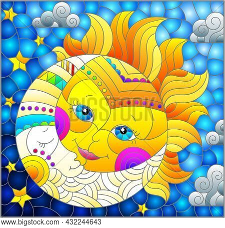 Illustration In The Style Of A Stained Glass Window With A Cute Sun And Moon On A Blue Sky Backgroun