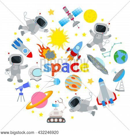 Set Of Colored Icons On The Theme Of Space And Space Travel On A White Background