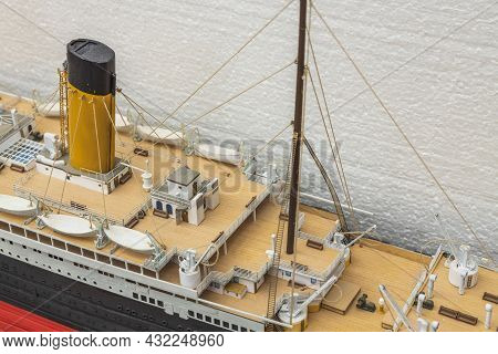Close Up View Of Part Of Wooden Titanic Ship Model. Beautiful Wooden Titanic Hobby Model Isolated. S