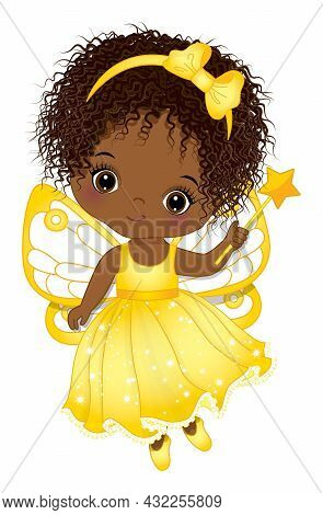 Cute Black Little Fairy Wearing Yellow Dress, Headband And Holding Magic Wand. Little Fairy Is Curly