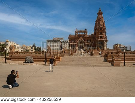 Cairo, Egypt- August 10 2021: Baron Empain Palace (le Palais Hindou) Exterior Daylight Shot Showing 