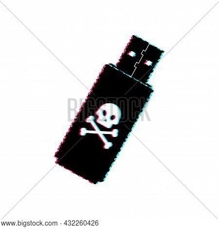 Computer Virus On Usb Flash Card. Glitch Icon. Virus Protection. Vector Stock Illustration.