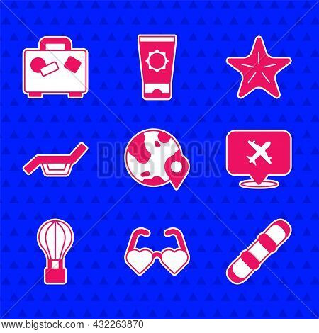Set Location On The Globe, Heart Shaped Love Glasses, Snowboard, Speech Bubble With Airplane, Hot Ba
