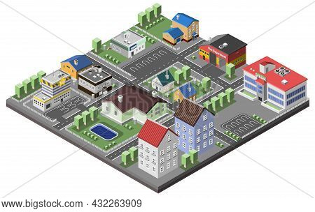 Suburban Concept With House Apartments And Government Buildings 3d Isometric Decorative Icons Vector