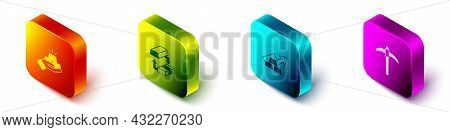 Set Isometric Gold Bars, Exchange Money, Growth Arrow With Gold And Pickaxe Icon. Vector