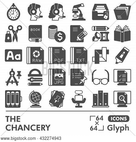Chancery Line Icon Set, Files And Documents Symbols Collection Or Sketches. Office Supplies Glyph Li