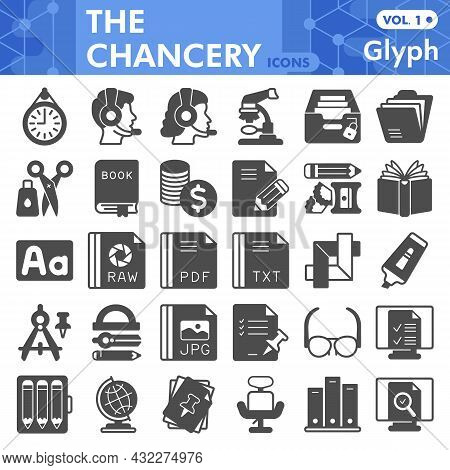 Chancery Line Icon Set, Stationery And Documents Symbols Collection Or Sketches. Office Supplies Gly