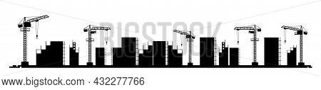 Construction Of A New Microdistrict Of The City. Silhouette. Cranes And Tractors. Modern Technologie