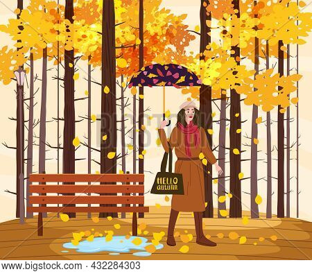 Young Fashion Woman With Umbrella In The Autumn Park City, Trendy Clothes Street Fashionable Style O