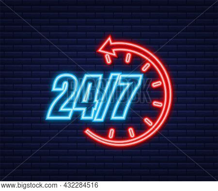 24-7 Service Concept. 24-7 Open. Neon Icon. Support Service Icon. Vector Stock Illustration.