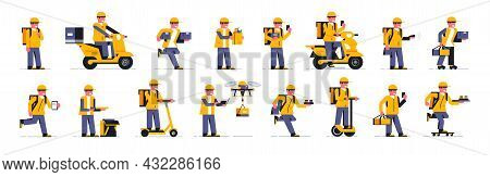 Collection Of Couriers Of Online Home Delivery Service In Different Poses. Delivery Of Groceries, Fo