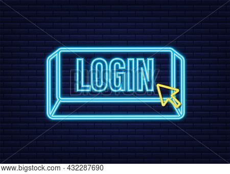 Login. Neon Icon. Web Banner. Arrow, Cursor Icon. Arrow Vector Icon. Hand Click Vector Stock Illustr
