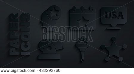 Set Torch Flame, Usa Independence Day, Cannon, Hexagram Sheriff, Calendar With Date July 4 And Head 