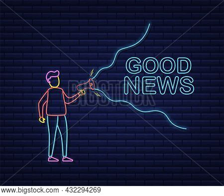 Man Holding Megaphone With Good News. Megaphone Banner. Web Design. Neon Style. Vector Stock Illustr