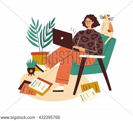 Creative Writer With Laptop And Scattered Papers Around. Female Author Working With Copies And Compu