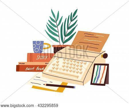 Typewriter Machine With Paper Sheet, Story Books And Cup. Creative Workplace Of Novel Writer Or Fict