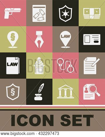 Set Paper Analysis Magnifying, Document And Pen, Identification Badge, Police, Fountain Nib, Locatio