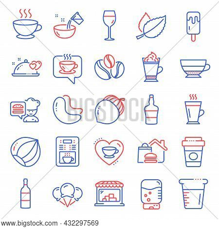 Food And Drink Icons Set. Included Icon As Water Cooler, Coffee Cup, Latte Coffee Signs. Latte, Scot