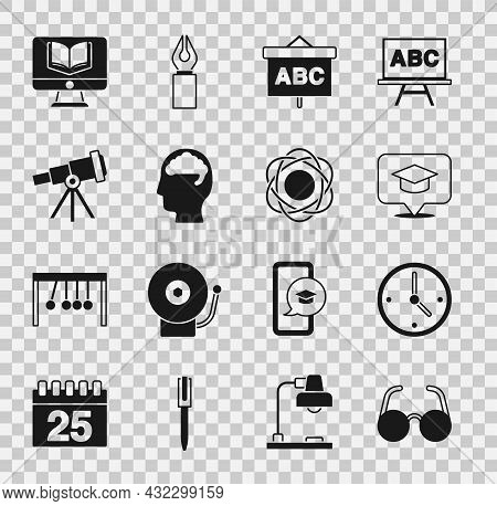 Set Glasses, Clock, Graduation Cap In Speech Bubble, Chalkboard, Human Brain, Telescope, Online Clas