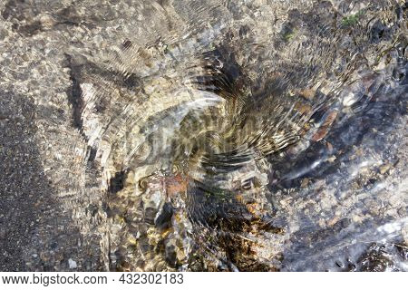 Little Whirlpool At Crystal-clear Water Mountain Stream. Closeup