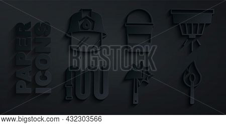 Set Firefighter Axe, Smoke Alarm System, Hose Reel, Burning Match With Fire, Bucket And Helmet Icon.