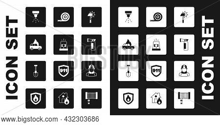 Set Firefighter Axe, Flasher Siren, Burning Car, Sprinkler System, Extinguisher, Hose Reel, And Shov