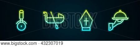 Set Line Pizza Knife, Gondola, Pope Hat And Covered With Tray Of Food. Glowing Neon Icon. Vector