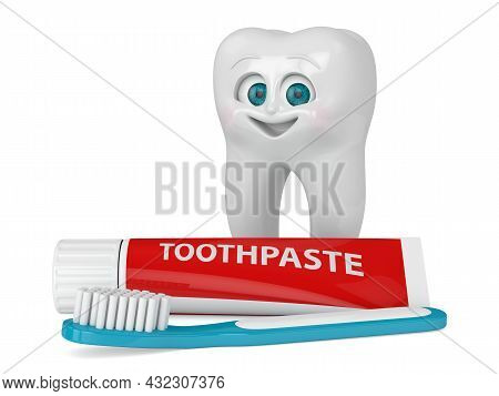 3d Render Of Cartoon Mr Tooth With Toothbrush And Toothpaste Isolated Over White Background. Pediatr