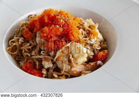A Plate Of Instant Noodles Stir-fried With Fresh Shrimp And Ebiko
