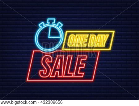 One Day Sale Banner Badge. Neon Icon. Sale, Price Tag. Store Label. Special Offer Badge. Vector Stoc