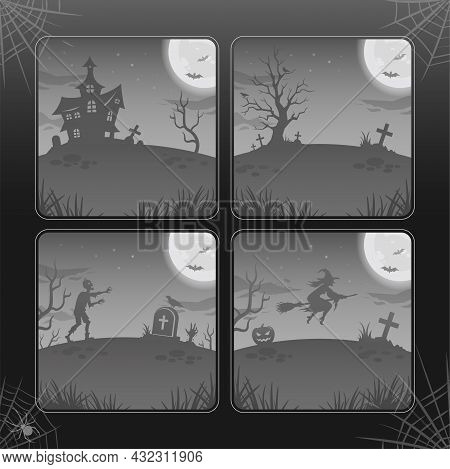 Halloween Night Backgrounds, Illustrations In Gray Tones. Collection. Glowing Moon, Zombie, Witch