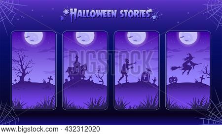 Halloween Night Backgrounds, Illustrations For Stories. Collection. Big Glowing Moon, Zombie, Witch