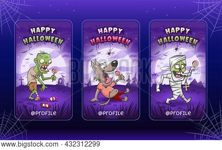 Happy Halloween. Cartoon Illustrations Templates For Stories. Collection. Zombie, Werewolf, Mummy