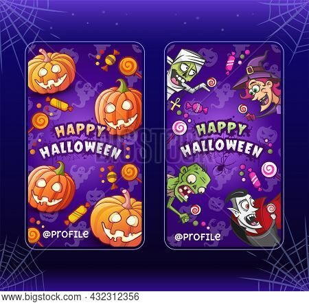 Happy Halloween. Cartoon Illustrations Templates For Stories. Collection. Witch, Zombie, Pumpkins