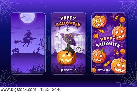Happy Halloween. Cartoon Illustrations Templates For Stories. Collection. Flying Witch, Cat, Pumpkin