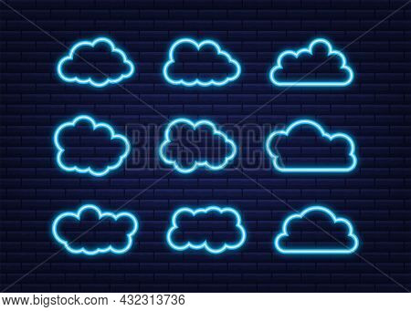 Set Of Blue Sky, Clouds. Cloud Icon, Cloud Shape. Neon Icon. Set Of Different Clouds. Collection Of 