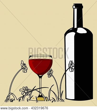 Wine Glass And Bottle Illustration. Drink. Vector.