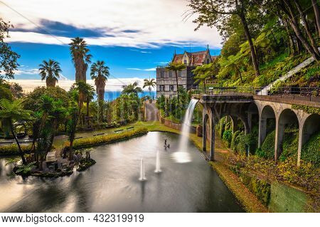 Funchal, Madeira, Portugal - January 06, 2021 : Fountain And Artificial Waterfall In The Monte Palac