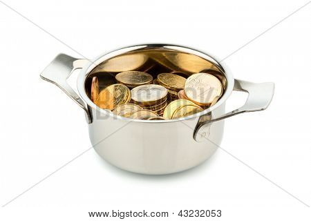a cooking pot, to hÃ?Ã??Ã?Ã?Ã?ÃÂ¤fte filled with euro coins photo icon on debt and financial needs