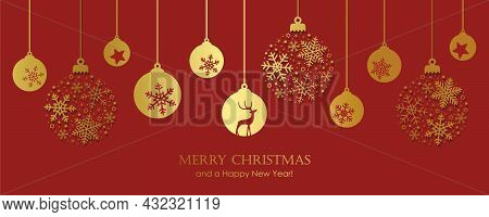 Red And Gold Christmas Card With Hanging Ball Decoratoin