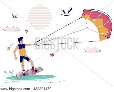 Kiteboarder On Kiteboard Pulled Across Water By Kite, Vector Illustration. Kiteboarding, Kitesurfing
