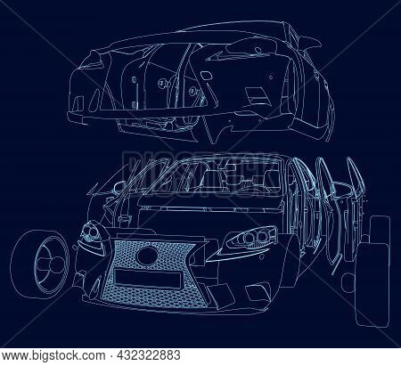 The Contour Of A Disassembled Car From Blue Lines On A Dark Background. The Car Body Is Disassembled